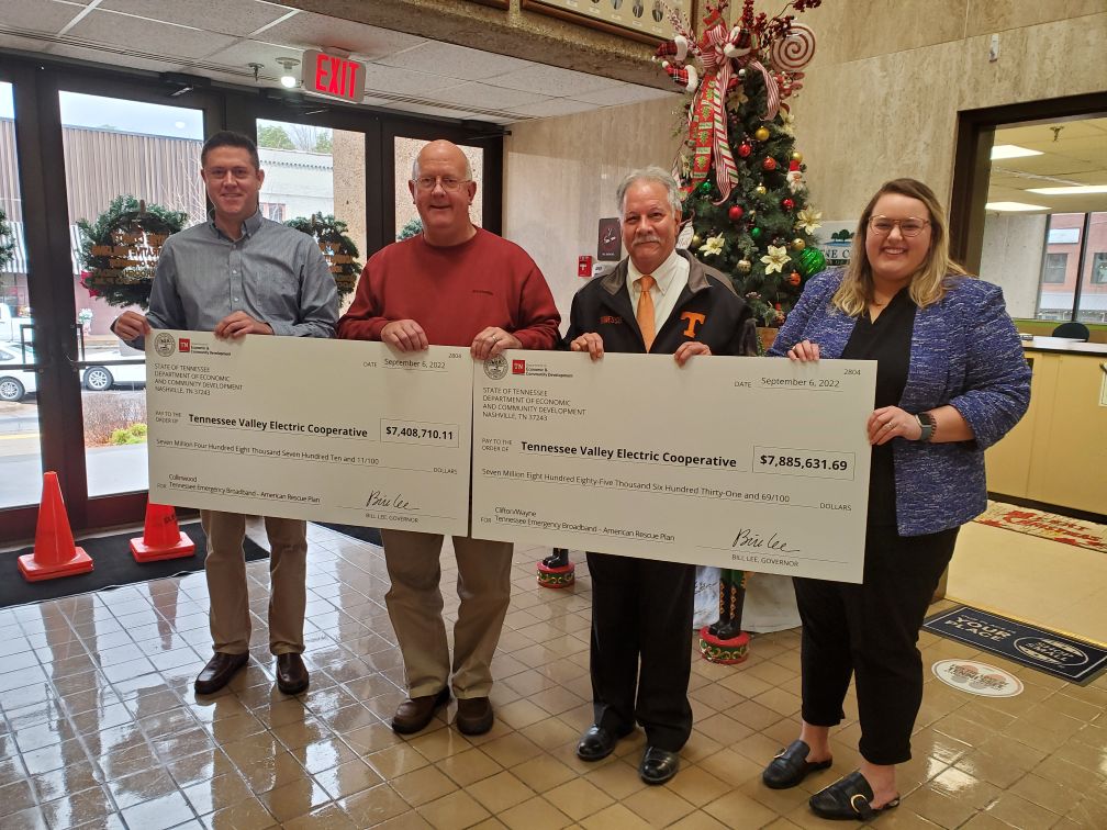    TVEC received a total of $15,294,341.80 in broadband internet grant funds from TNECD. Pictured left to right are TVEC IT Director Joey Foster, TVEC General Manager Jerry Taylor, Wayne County Executive Jim Mangubat, and Taylre Beaty, TNECD.