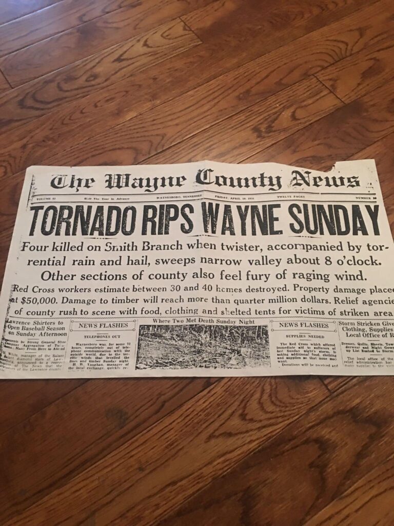    The front page headline in The Wayne County News on April 10, 1936 was about the tornado that ripped through the Beech Creek community on April 5 of that year. The 1936 tornado eerily took the same path as the one on March 31, 2023.