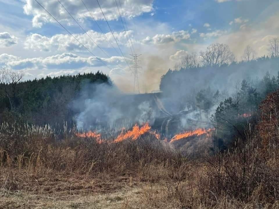 This shot of the wildfire near Highway 64 last Wednesday shows the fire burning underneath TVA power lines. Sparks from a power line are suspected to have ignited the large fire.